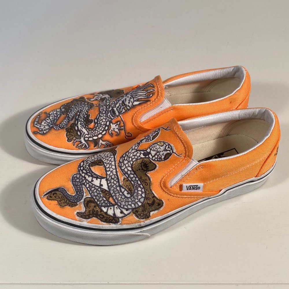 Vans Custom Painted Dragon Snake Orange Canvas Slip on Sneakers Women Size 7 - Picture 3 of 10